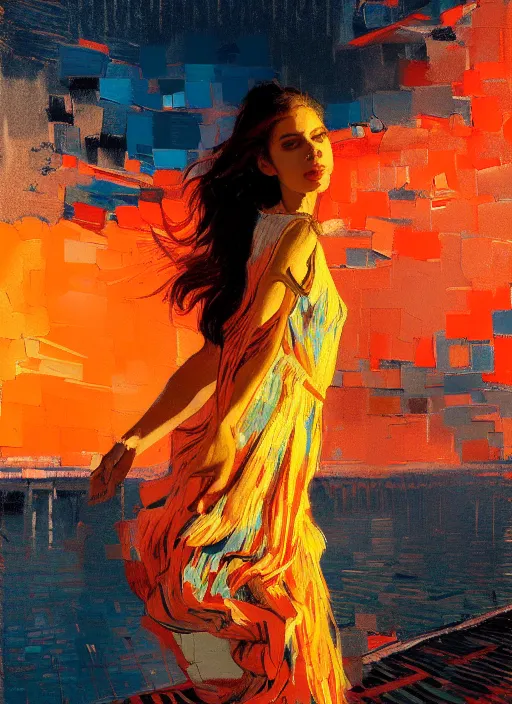 Image similar to portrait of beautiful girl, dancing, ecstatic, ibiza night club, sunset, shades of orange and blue, beautiful face, rule of thirds, intricate outfit, spotlight, by greg rutkowski, by jeremy mann, by francoise nielly, by van gogh, digital painting