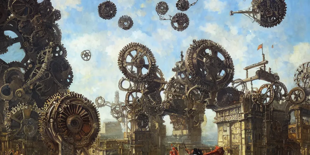 Prompt: giant gears floating in the sky, clockwork, giant mechanisms, industry, villages castles, buildings vista artstation illustration sharp focus sunlit vista painted by ruan jia raymond swanland lawrence alma tadema zdzislaw beksinski norman rockwell tom lovell alex malveda greg staples