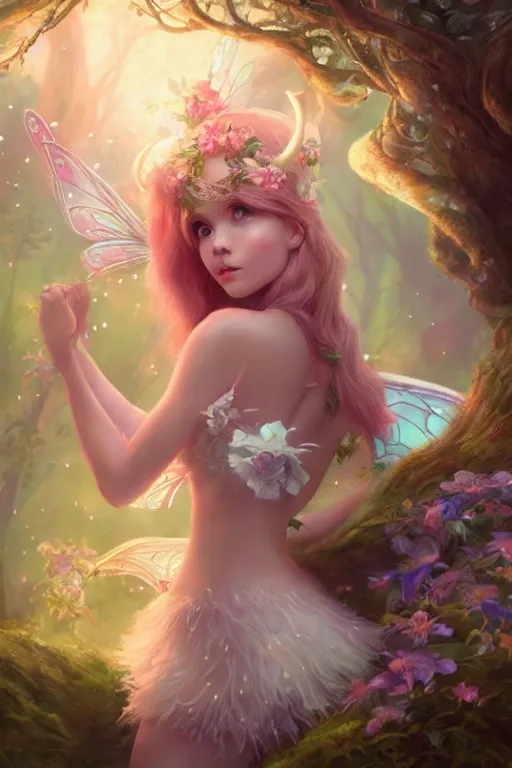 Image similar to a cute fairy in the dreamy forest, fantasy, 8 k resolution, hyper detailed, d & d, character design, digital painting, trending on artstation, sharp focus, illustration, art by artgerm, steve zheng, fuji choko, viktoria gavrilenko, hoang lap