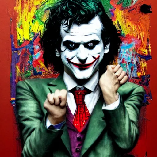 Prompt: ilya yefimovich repin and mimmo rottela and banksy as joaquin phoenix skinny joker, holding hand, lady gaga harley queen, ultra photorealistic, intricate details, pop art style, concept art, confident posse, object super details, 2 colours, warm color, 4 k, ultra smooth, sharp focus