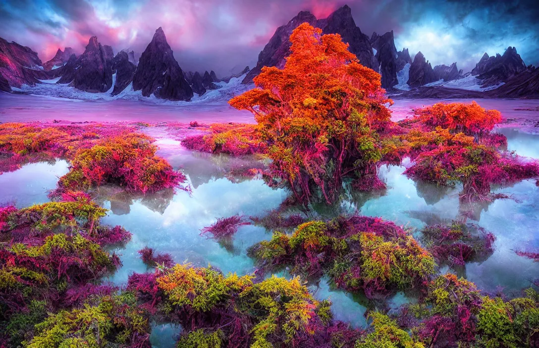 Prompt: alien planet, colorful plantlife, overgrown, glacial lake, landscape photography by marc adamus, dramatic lighting, alien plants and trees, cold, beautiful, dramatic,