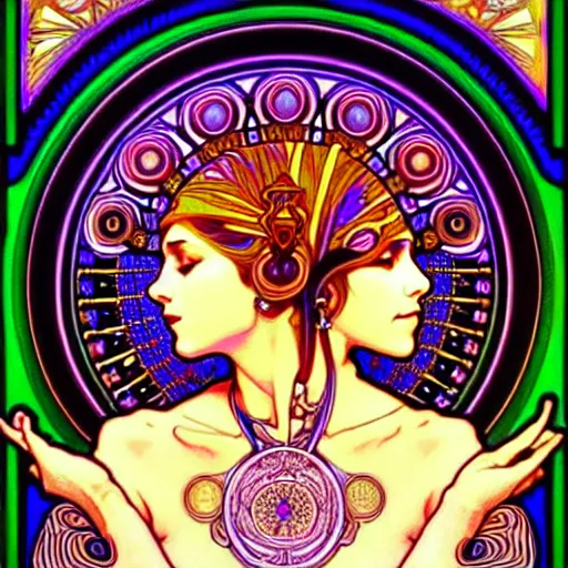 Image similar to psychedelic sacred geometry, intricate, sophisticated, ultra realistic, incredibly detailed, diagram, illustration, trending on artstation, art by alphonse mucha