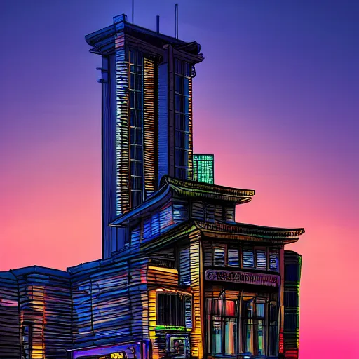 Prompt: Neo Tokyo, main building, sunset