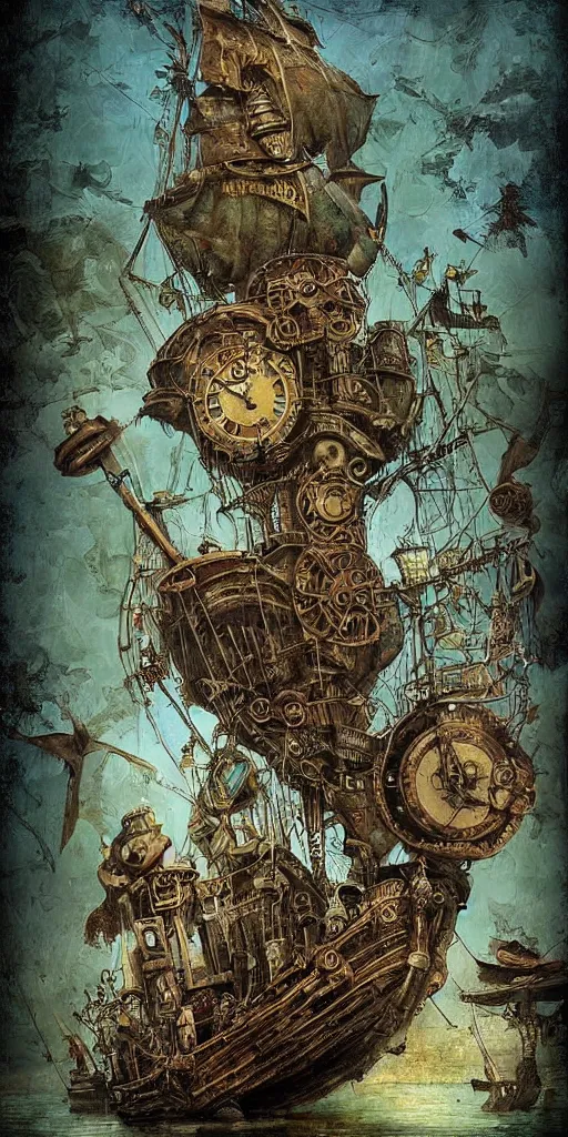 Image similar to a detailed digital painting of a steampunk pirate ship by alexander jansson and where's waldo and leonardo da vinci