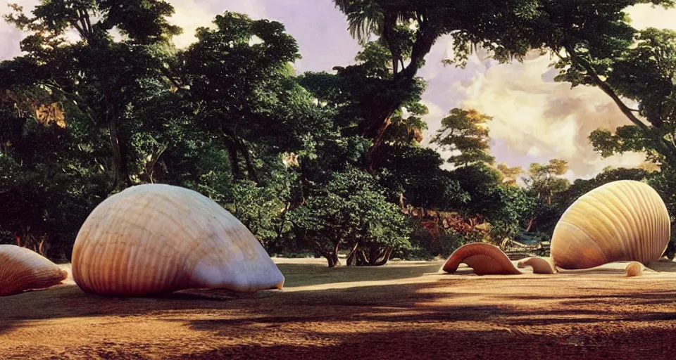 Prompt: a giant seashell house in the middle of nowhere, cinematography by syd mead, gregory crewdson, moebius