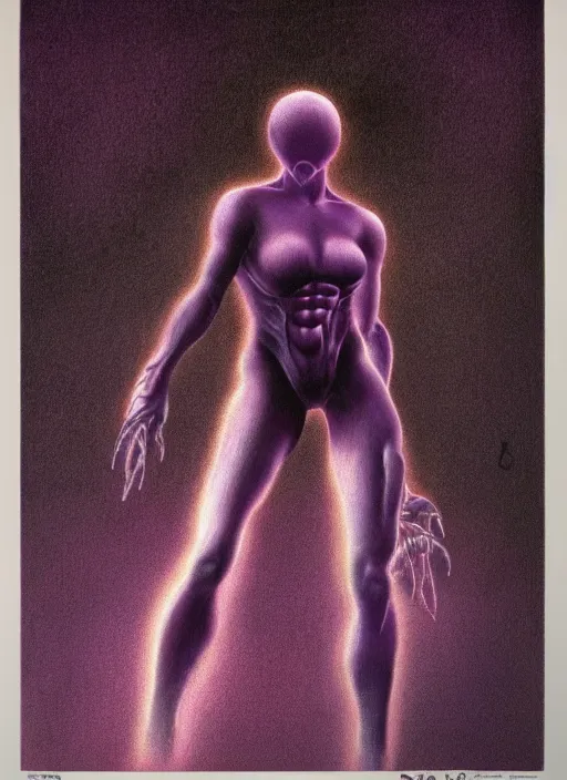 Prompt: dark samus in the style of zdzisław beksinski, full body portrait, [ [ [ [ [ [ purple ] ] ] ] ] ] ], veiny, phazon