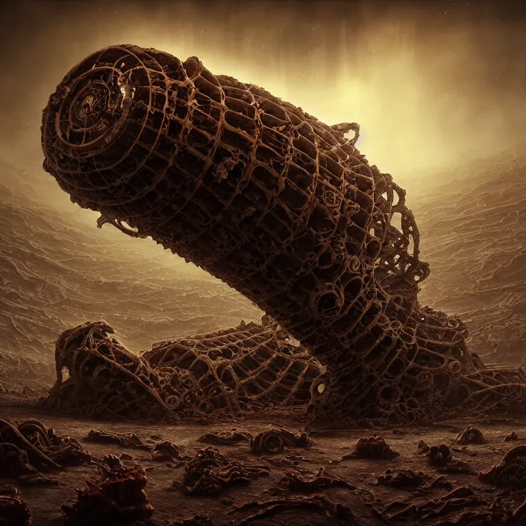 Prompt: portrait of ribbed abandoned biomechanical organic crashed spaceship on exoplanet in a desolate empty wasteland, covered with organic flesh, meat, creepy, nightmare, dream-like heavy atmosphere, surreal abandoned buildings, baroque painting, beautiful detailed intricate insanely detailed octane render trending on Artstation, 8K artistic photography, photorealistic, chiaroscuro, cinematic volumetric light, Raphael, Caravaggio, Beksinski, Giger