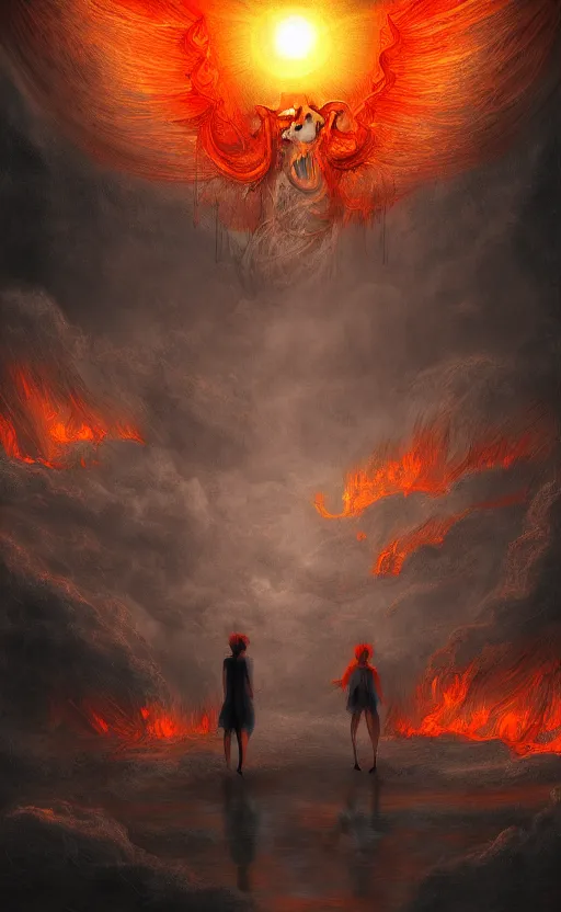 Image similar to Meeting God in hell, digital art, trending on art station