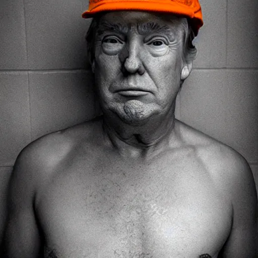 Image similar to donald trump dressed in orange prison uniform in a prison cell on wc, jail bars, framing - medium shot, natural light failing on his face, by terry richardson