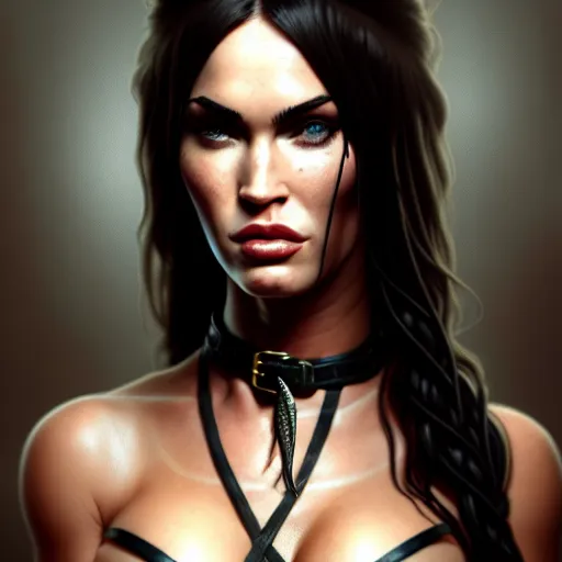 Image similar to portrait of megan fox, muscular upper body, slave collar, blindfold, bikini, fantasy, intricate, elegant, highly detailed, digital painting, artstation, concept art, matte, sharp focus, illustration, art by aenaluck and roberto ferri and greg rutkowski, epic fantasy, digital painting