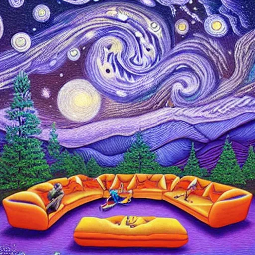 Image similar to psychedelic trippy couch pine forest, planets, milky way, sofa, cartoon by rob gonsalves