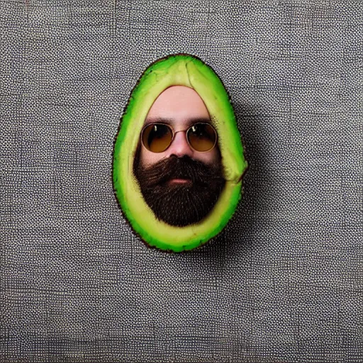 Prompt: studio photo of bearded person made of avocado, wearing avocado hood, portrait, close - up