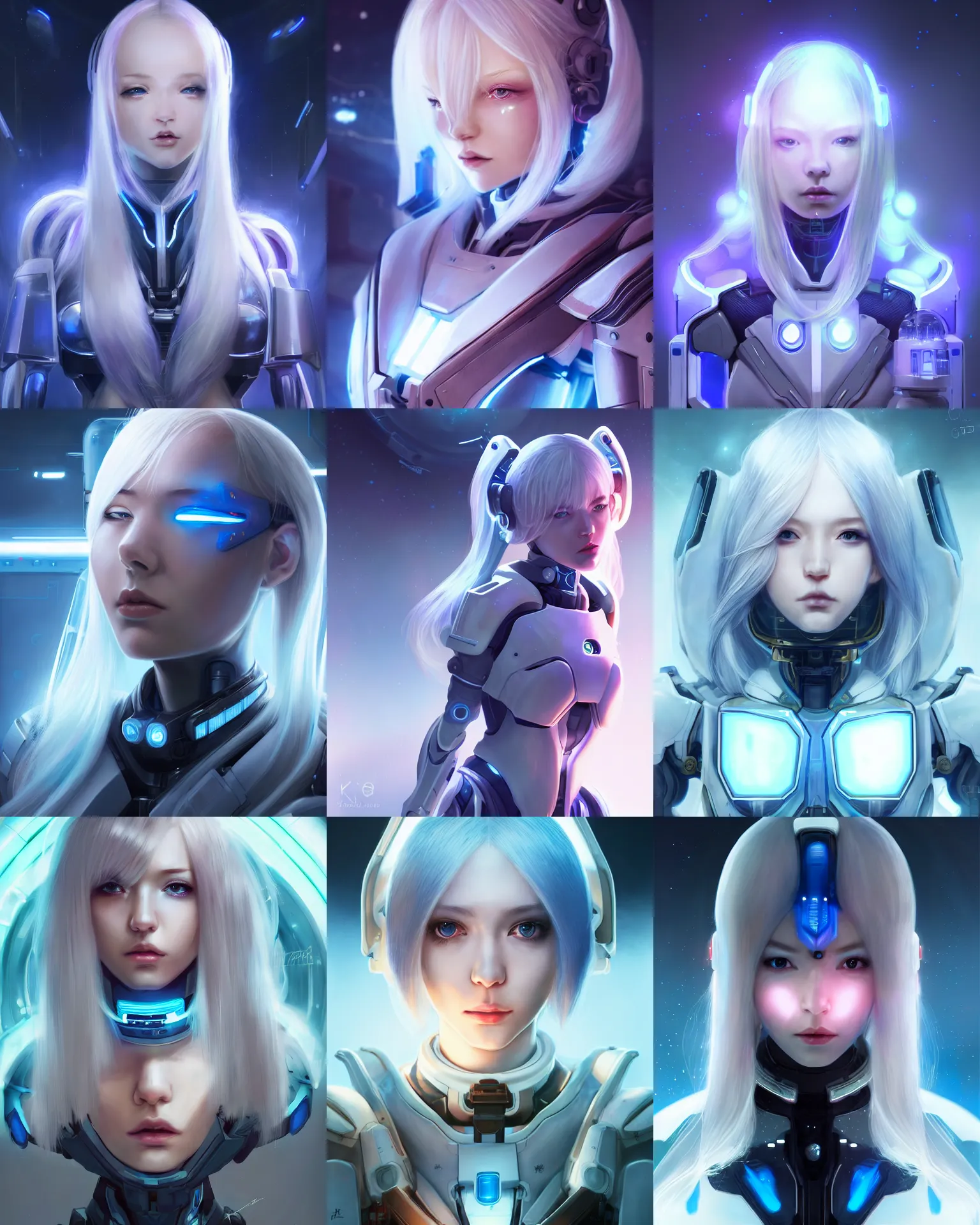 Prompt: perfect android girl, glowing warframe armor, beautiful face, scifi, futuristic, space station, laboratory, kwak ji young, dreamy, long white hair, blue cyborg eyes, cinematic lighting, innocent, insanely detailed, focused, artstation, divine, by gauthier leblanc, kazuya takahashi, huifeng huang, jama jurabaev