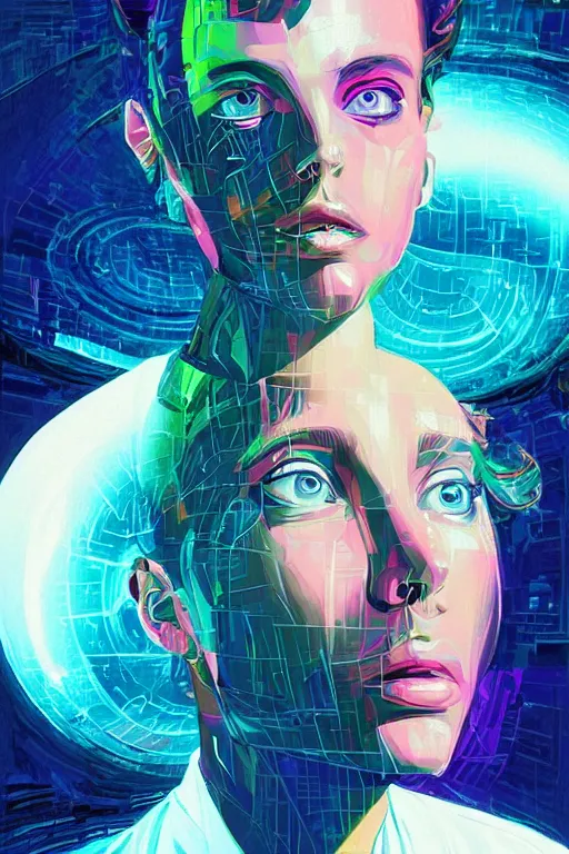 Image similar to fisheye portrait, digital painting, an beautiful, crazy hacker girl, lost in code, synthwave, glitch!!, fractured reality, refraction, realistic, hyperdetailed, night, concept art, art by syd mead, cubism