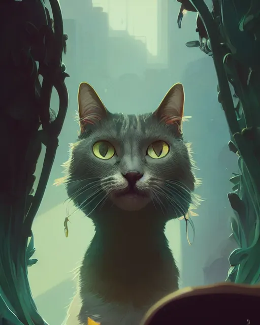 Image similar to highly detailed vfx portrait of a cat, unreal engine, greg rutkowski, loish, rhads, beeple, makoto shinkai and lois van baarle, ilya kuvshinov, rossdraws, tom bagshaw, alphonse mucha, global illumination, detailed and intricate environment