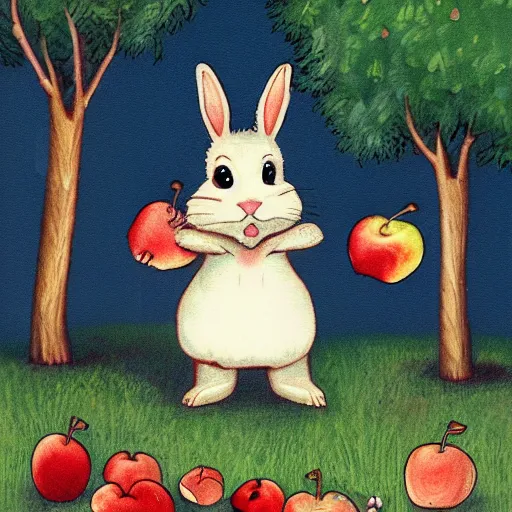 Prompt: little rabbit working in the garden, gathering apples from the tree, illustration by charlet addams