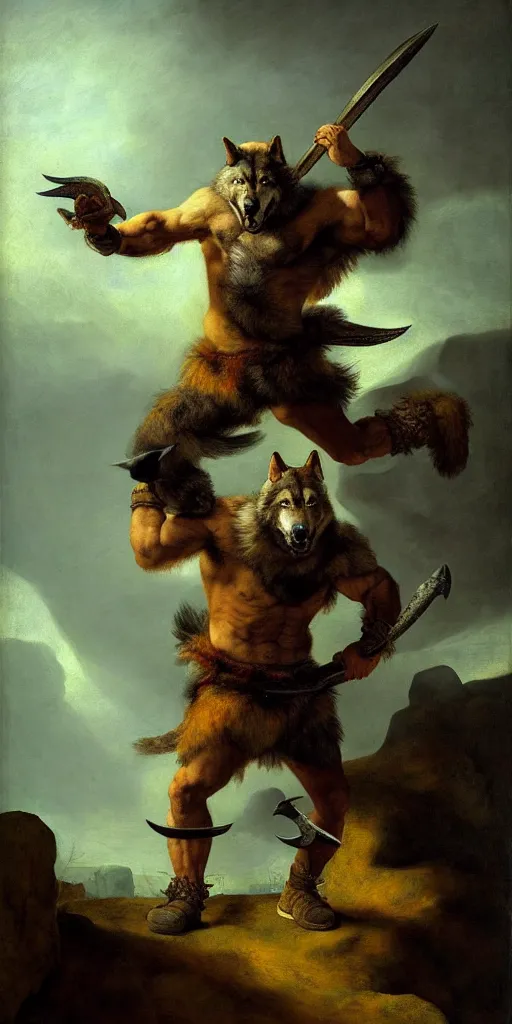 Prompt: muscular wolf barbarian hunter full body fighting pose wearing sport hoodie , sun rays , big shadows, small bird sihouettes in cyan background , very textured detailed oil painting by rembrandt , hard backlight , in dark cave