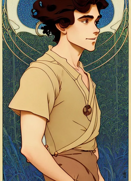 Prompt: art nouveau portrait of a handsome young man with curly medium length very messy light brown hair, brown eyes, aloof, serious expression, t - shirt, natural lighting, path traced, highly detailed, high quality, cartoon, digital painting, by don bluth and ross tran and studio ghibli and alphonse mucha
