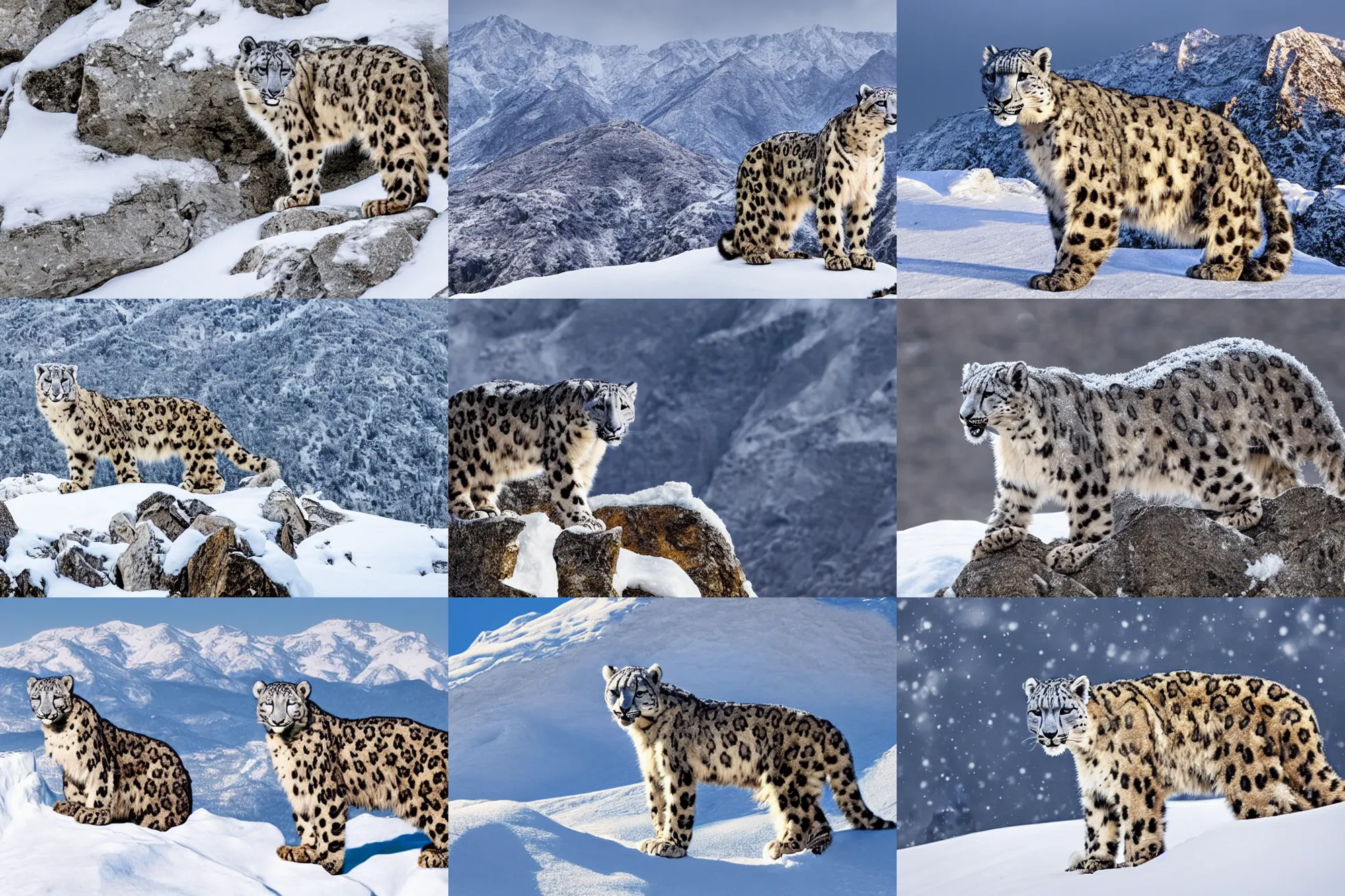 Prompt: a snow leopard standing on top of a snow covered mountain, a jigsaw puzzle by peter snow, shutterstock contest winner, naturalism, sense of awe, national geographic photo, majestic