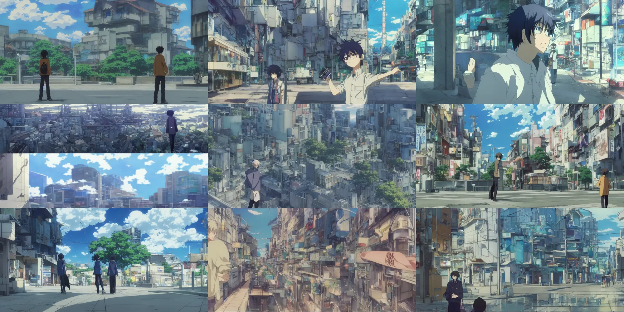 Prompt: screenshot from the anime film by Makoto Shinkai, lonely adult male, gamer, post modern architecture, painting of near future technological world, magical realism, looking through the prism at the digital world, screenshot from the Kyoto Animation anime about the boy who wears nervegear, makoto shinkai, augmented reality, real life blended with digital world