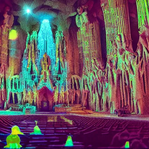 Image similar to glowing translucent theater stage in la sagrada familia, punk fanzine illustrations, dark room, science fiction magazine, cut up collage, 4 k close up, wide angle, polaroid 6 0 0