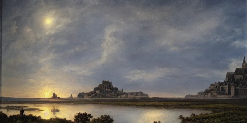 Prompt: masterpiece oil painting portraying mont saint michel in the style of romanticism landscape painters with a tree on the foreground,beautiful!!!!!!!,misty!!!!!!!!!,detailed!!!!!!!,night sky,evocative,reflection in the water,photorealistic,chiaroscuro,soft lighting