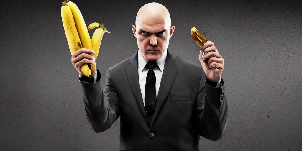 Image similar to agent 4 7 holding a banana, studio photo, award winning photography, dynamic lighting, hdr, stunning scenery, 8 k, incredible detail, beautiful