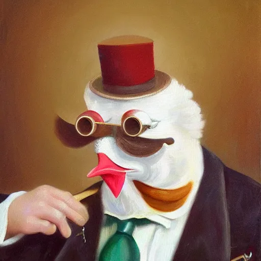 Image similar to a chicken butler, fancy mustache, monocle, highly detail, oil painting , accurate anatomy,