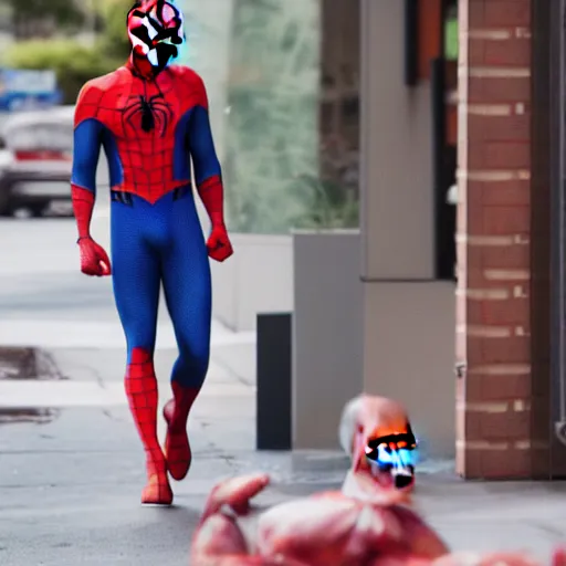 Prompt: Spider-Man & Knuckles ordering a large bucket of KFC chicken at Starbucks