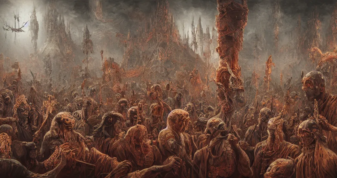 Prompt: hyper-detailed antique painting of a sacred undead ceremony, 8k, ultra detail, hyperrealism, science-fantasy, concept art, cinematic accent lighting, artstation, Zdzislaw Beksinski, Alexander Fedosov, Dan Mumford, muted color palette, soft light, divine proportion, digital oil painting rendered in vray, hyper-detailed