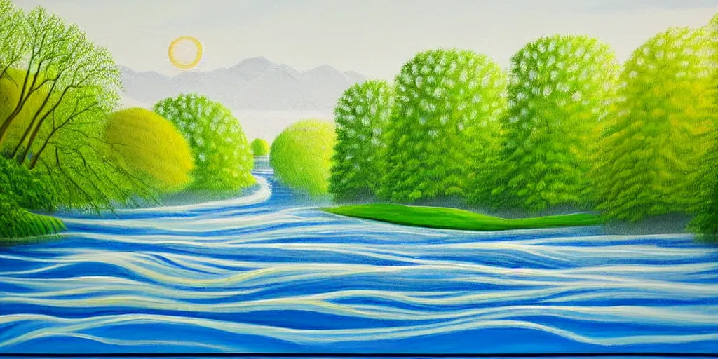 Image similar to A very detailed painting featuring a river in Europe surrounded by trees and fields. A rubber dinghy is slowly moving through the water. Sun is shining. minimalist painting