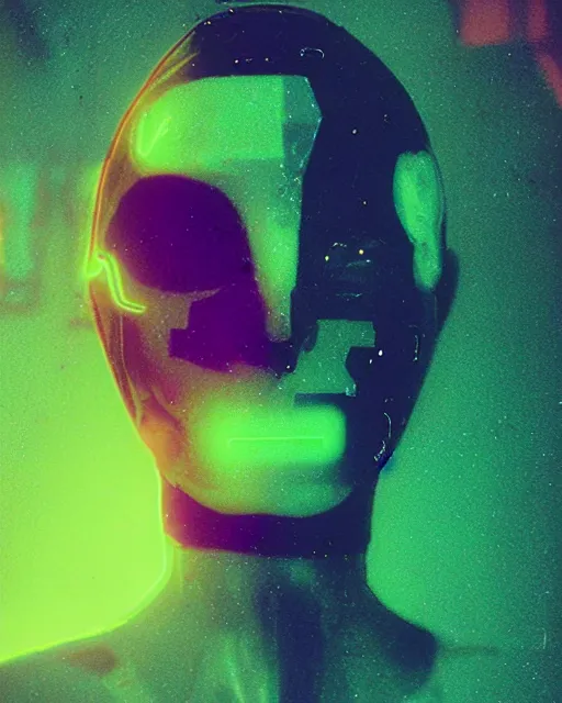 Prompt: cut and paste, curious robotic woman's face, sharp bob hair, dark makeup, violet and yellow and green and blue lighting, polaroid photo, 1 9 8 0 s, atmospheric, whimsical and psychedelic, grainy, expired film, super glitched, corrupted file, ghostly, bioluminescent glow, sci - fi, twisty