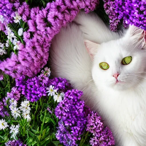 Prompt: a photo of a white cat laying on his back surrounded by flowers.