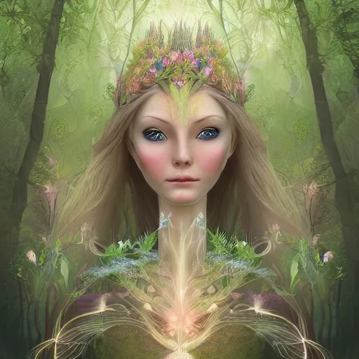 Prompt: elven princess meditating in forest, magical flowers, surrounded by fairies, beautiful face, wisps, surreal, surrealist art, photo, trending on artstation, ultra detailed, intricate, sacred geometry, serene, beautiful, photo, realistic, perfect, smooth, light shafts, light diffusion, chromatic aberration, moebius, by moebius, peter mohrbacher