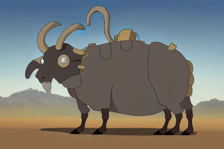 Prompt: a study of a cell shaded cartoon of a grey mechanized ram from howl's moving castle ( 2 0 0 4 ), on a desert road, full body, wide shot, very muted colors, post grunge, studio ghibli, highly detailed, deviantart, art by artgem