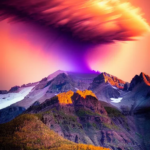 Image similar to amazing landscape photo of mountains in sunset with a purple tornado in the sky by marc adamus, beautiful dramatic lighting