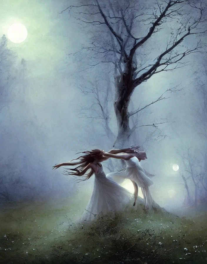 Prompt: dancers in white lit only by the moon, contemporary dance on the forest branch flower meadow, twisted roots, the twilight dance of the fae by aleksi briclot, and ivan aivazovsky, contemporary dance, watercolor, surrealist, artstation, artgerm