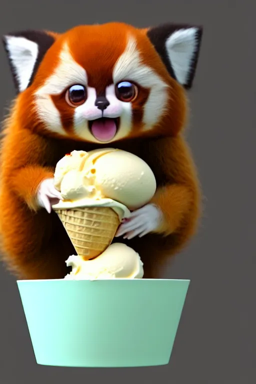 Prompt: high quality 3 d render hyperrealist very cute pastel fluffy! red panda & tarsier hybrid eating giant ice cream full body, vray smooth, in the style of detective pikachu, hannah yata charlie immer, very dramatic light, low angle, uhd 8 k, shallow depth or field