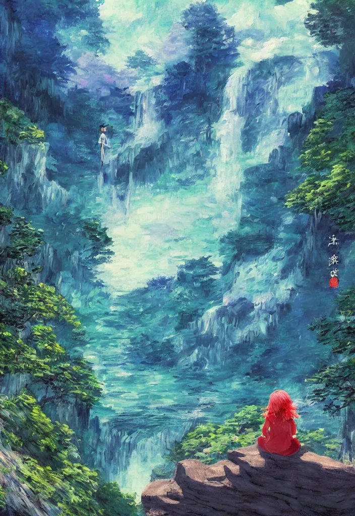 Image similar to tiny mononoke spirit in front of a japanese city in the mountain surrounded by waterfall. cyberpunk, boats flying. beautiful blue sky. gorgeous epic nature, lofi, vivid colors, amazing light, by jeremy lipkin, by claude monet, heavily inspired by makoto shinkai, inspired by ghibli, masterpiece, multiple brush strokes, impressionist style