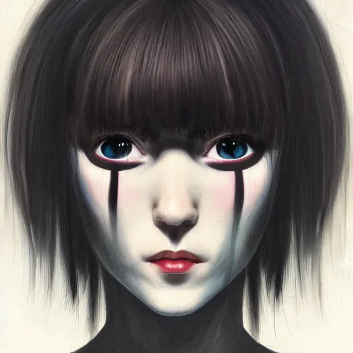 Prompt: beautiful pure evil adult lain with hundreds of network cables, neatly coming out of her head, a part of her face panel is showing, she is in pure bliss, chaos, bizarre, strange, portrait, painting