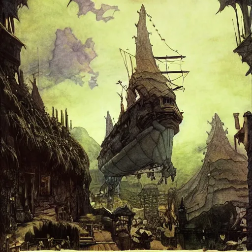 Image similar to Fantasy village, the inhabitant looking up at the sky. The sky is completely covered to the horizon by an incredibly huge airship-like ship. Extremely high detail, realistic, dark fantasy art, masterpiece, 8k, octane rendering, Arthur Rackham painting, art by Victoria Frances, Frank Frazetta.