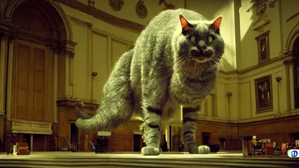 Prompt: the giant cat in city hall, film still from the movie directed by denis villeneuve and david cronenberg with art direction by salvador dali, wide lens