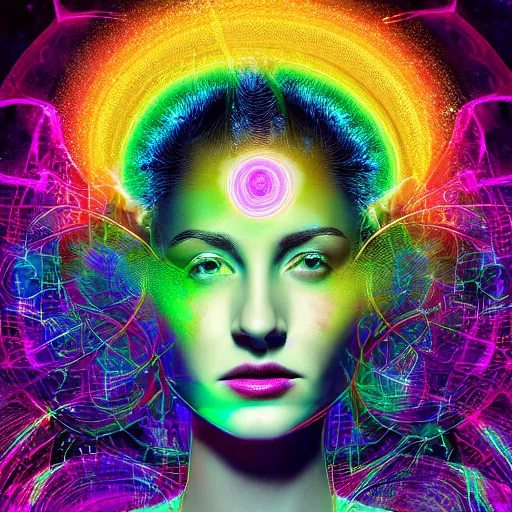 Prompt: a majestic portrait of a woman with her brain sent to the cloud using energy beams, digital painting, high detail, 8 k, intricate ornamental details, vibrant iridescent colors, green magenta and gold