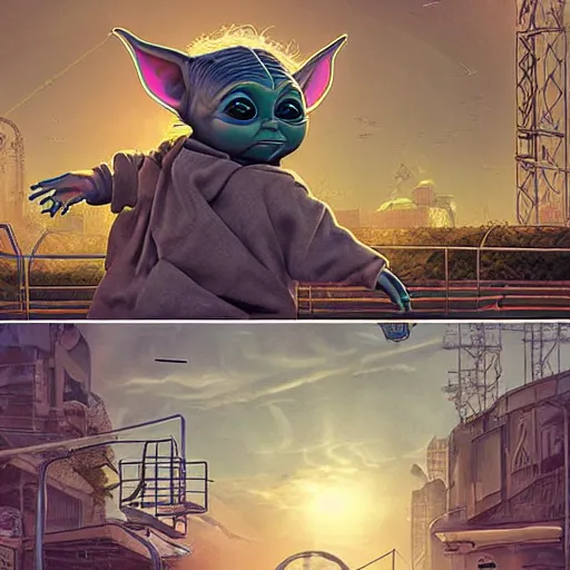 Image similar to masterful digital art, eye - level view, medium - shot, baby yoda is at the busy school playground in a cyberpunk city. baby yoda smiles and plays on a swing set. golden hour. realism, detailed, depth, chiaroscuro, limited color palette. in the background some balloons float in the sky. mandalorian ( tv ).