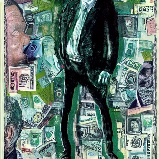 Image similar to George Soros full body shot, dollar bills Body horror, biopunk, by Ralph Steadman, Francis Bacon, Hunter S Thompson