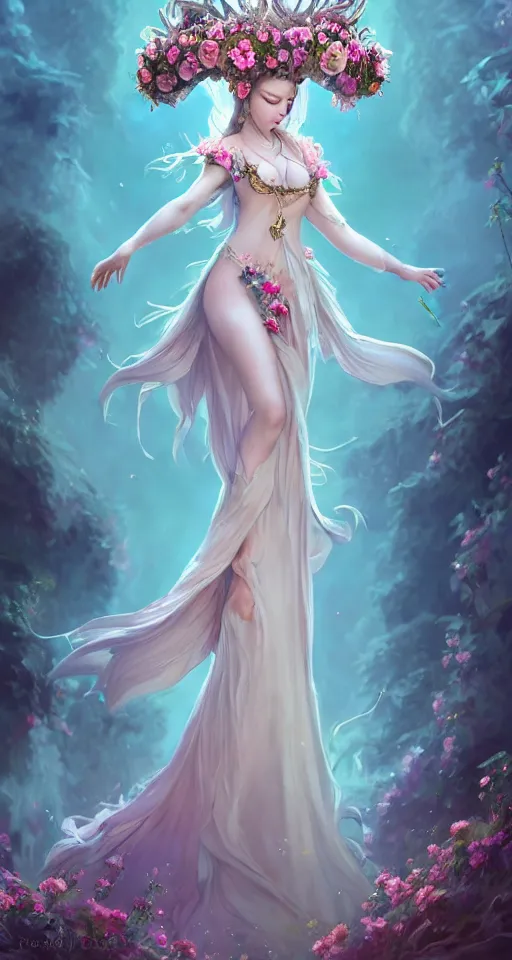 Image similar to A beautiful fantasy empress, full body, just one head, flower tiara, long hair, wearing dramatic aristocrat robe, delicate figure, field of fantasy flowers, foxes and deer, epic composition, ultra wide-shot, dynamic pose, concept art, beautifully lit, digital painting, smooth, character design, sharp focus, elegant, intricate, trending on artstation, by WLOP and James Jean and Victo Ngai