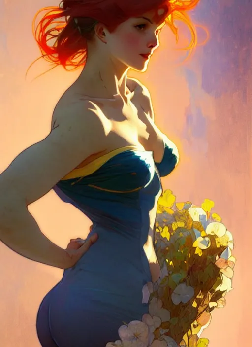 Image similar to digital character concept art by artgerm and greg rutkowski and alphonse mucha. clear portrait of a pin - up young wife, redhead, blue and yellow clothes, shabby, defiant, light effect, 8 k, hyper detailed, intricate, elegant, digital painting, artstation, smooth, sharp focus