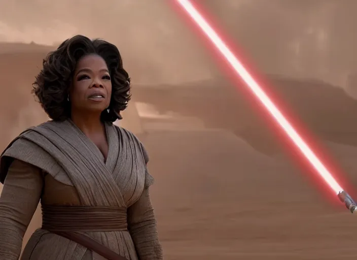 Prompt: oprah winfrey plays a jedi master in star wars rise of skywalker, 3 5 mm photography, highly detailed, cinematic lighting, standing pose, fully body shot, holding lightsaber 4 k