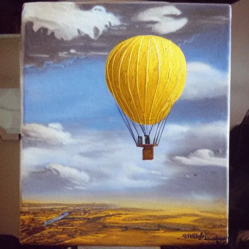 Image similar to “a old yellowed painting on canvas of a hot air balloon floating between the clouds, the balloon is made of the earth as seen from space. Jules vernes, steampunk style, sepia and yellow paper”