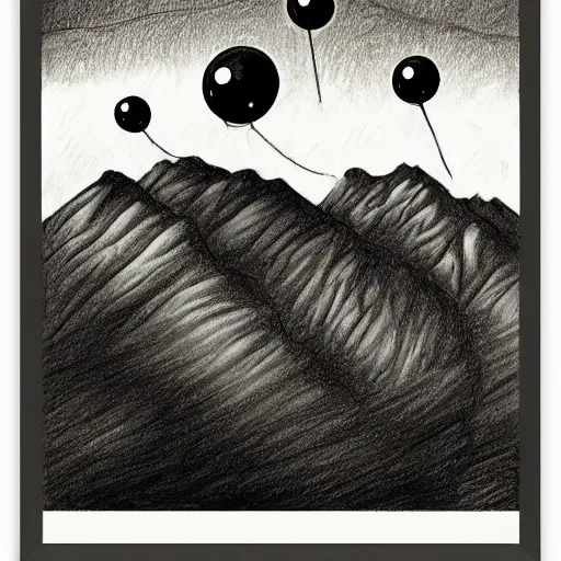 Image similar to a drawing of three huge eyes floating over a mountain, black and white, vintage poster, film grain